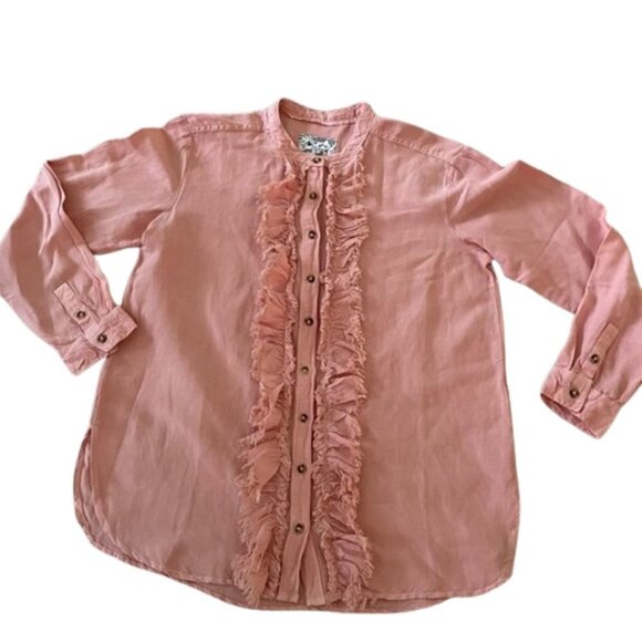 Ruffled Placket Shirt Button Down Linen Blend Peach M - Picture 2 of 10